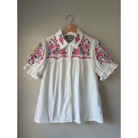 Rockin’ C White Puff Sleeve Embroidered Blouse - Picture 1 of 6